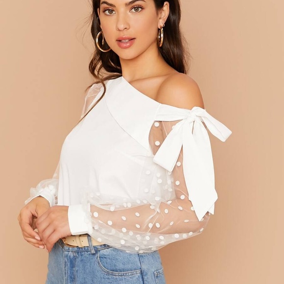 one shoulder bow polka dot sheer sleeve top White - Picture 4 of 14